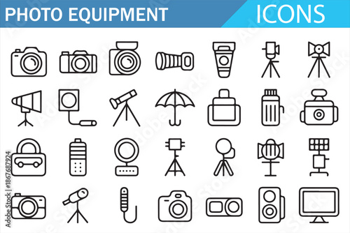 Photography Equipment Icons Set with Camera, Lens and Tripod