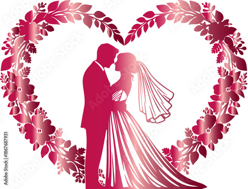Elegant silhouette of a newly married couple embracing tenderly within a magnificent heart shaped frame symbolizing eternal love and commitment for celebrations.