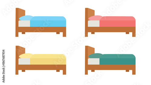 wooden bed wood sleep sleeping emoji symbol sign icon vector illustration isolated flat bedroom furniture red blue yellow green sheets