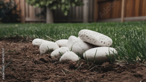 white stones in the garden on the grass.Beautiful garden landscape with white stones and colorful flowers in a modern home setting