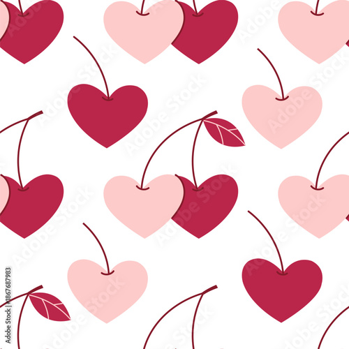 A cute seamless pattern with heart shaped cherries. Valentine's Day print