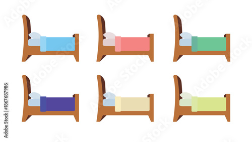 wooden bed wood sleep sleeping emoji symbol sign icon vector illustration isolated flat bedroom furniture blue purple red pink green yellow sheets