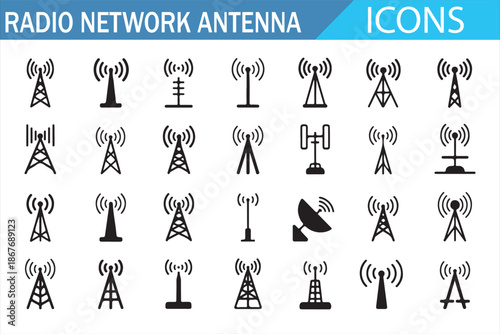 Wireless Radio Antenna Icons Set for Communication and Network Technology