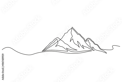 Single continuous line art minimal illustration of a tall summit peak surrounded by smaller hills for achievement concepts