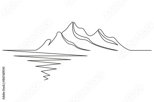 Single continuous line art minimal illustration of mountain peaks reflecting in lake water for nature travel and hiking concept