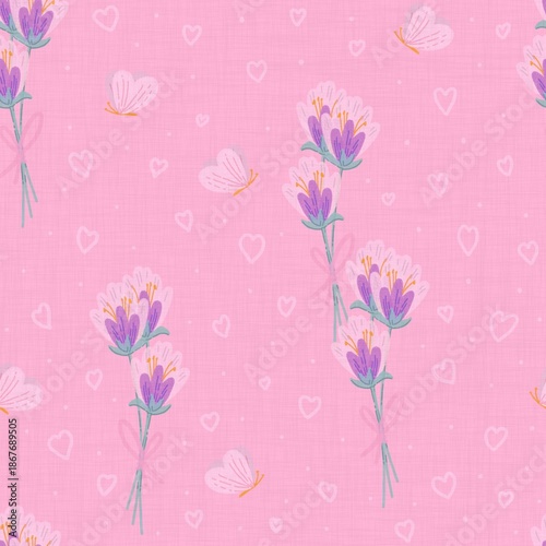 A romantic and playful pattern with sweet bouquets of spring flowers, butterflies, and hearts in the background. The pastel palette and airy design create an atmosphere of spring tenderness and love.