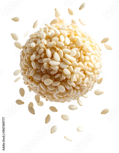 Flying sesame seeds forming a sphere with explosion