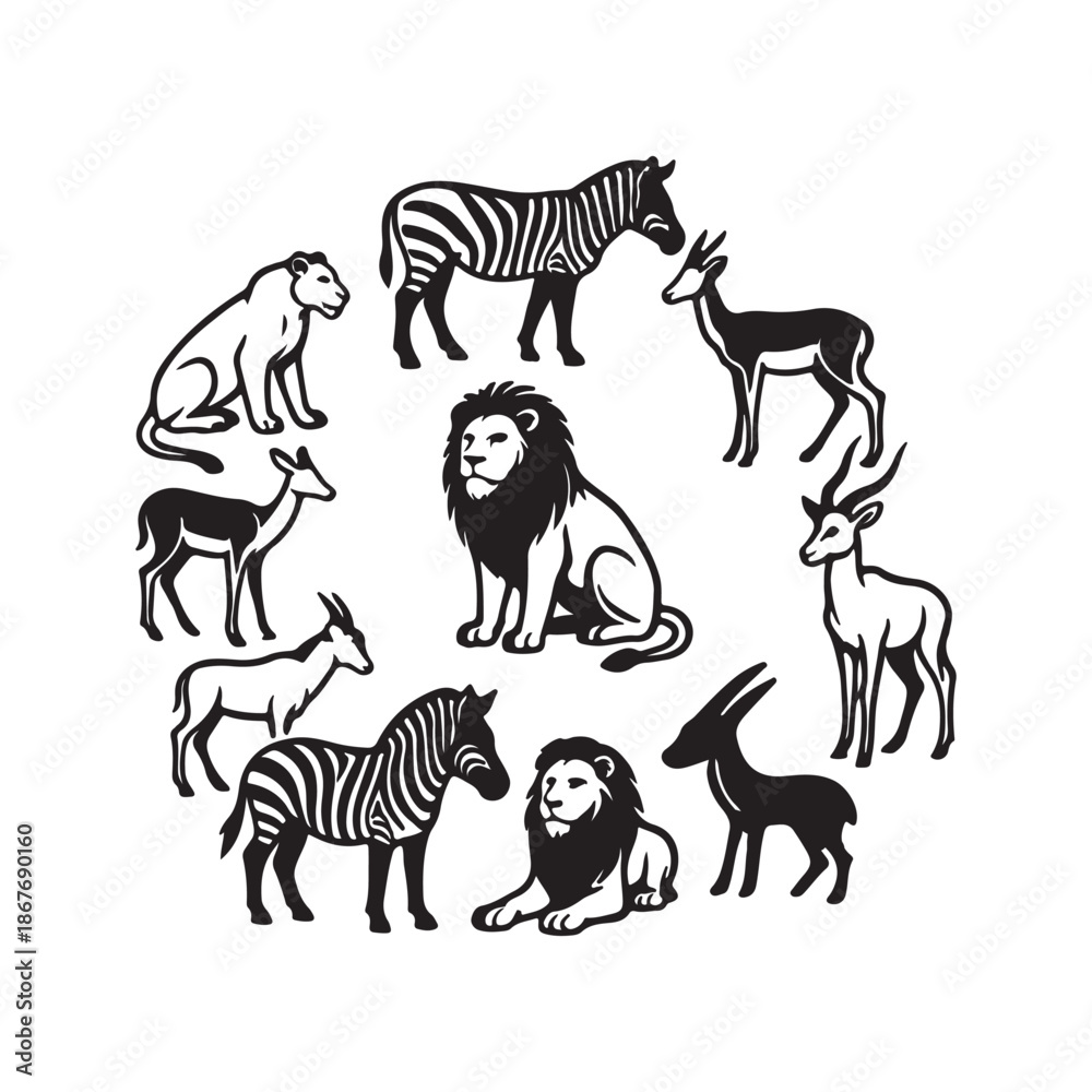 Obraz premium African Safari Animals Arranged in a Circle Silhouette lion lioness