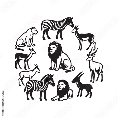 African Safari Animals Arranged in a Circle Silhouette lion lioness