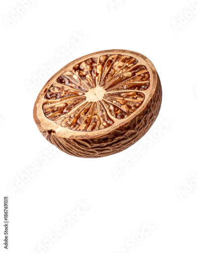 Nutmeg seed cross section showing aromatic spice texture
