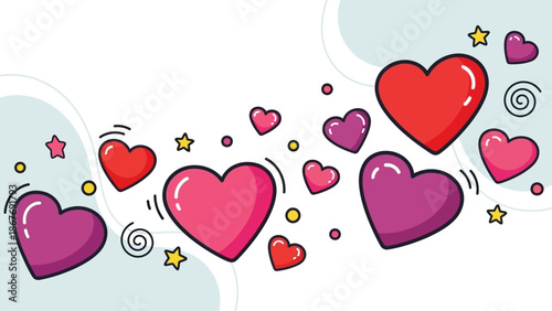 Colorful Cartoon Hearts Floating with Stars.