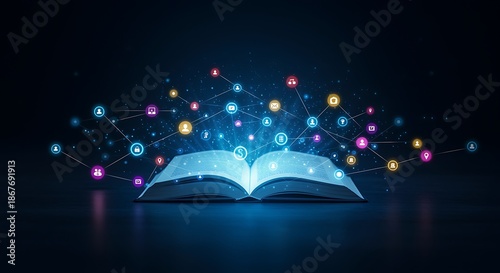 open book with colorful social media icons and lines on dark background