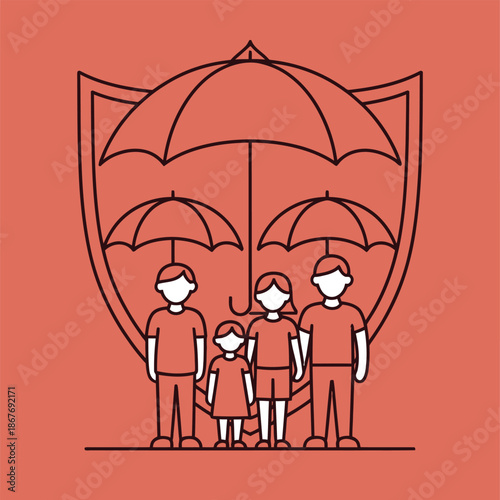 Family under large umbrellas within a protective shield symbolizes comprehensive insurance coverage.