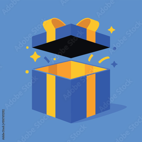 Open blue gift box with yellow ribbon reveals sparkling contents against a solid blue background.