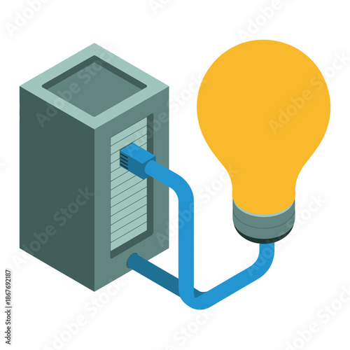 Server rack connects via ethernet cable to a glowing light bulb symbolizing digital energy.