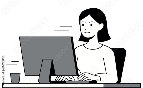 Woman efficiently works on desktop computer at desk with a focused expression indicating productivity.