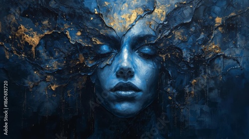 Abstract painting of soul energy, smooth textures with shimmering gold and silver accents