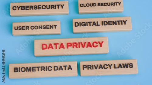 3D Data Privacy Concept Animation with Cybersecurity, Digital Identity, and Privacy Laws on Blue Background – Camera Zoom Out