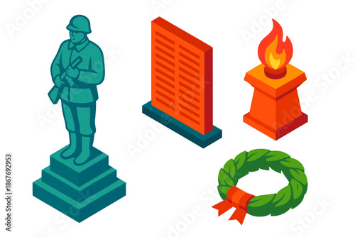 War Memorial Icons. Isometric vector illustration set War Memorial Elements: Stone soldier statue, engraved name wall, eternal