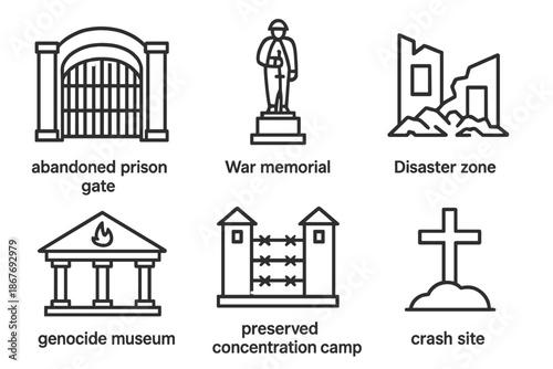 Tragic Sites Icons. Line style icons of Sites of Tragedy: abandoned prison gate, war memorial statue, disaster zone ruins,