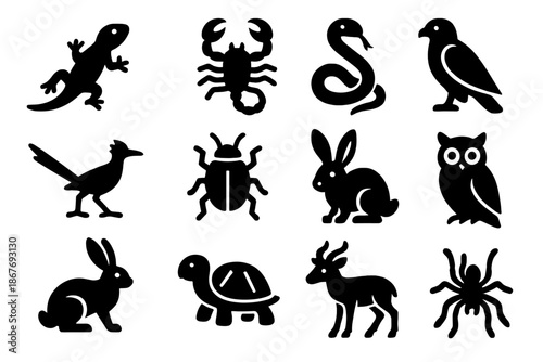 Desert Wildlife Icons. Solid style icons of Desert Wildlife: Lizard, Scorpion, Snake, Roadrunner, Beetle, Falcon, Jackrabbit,