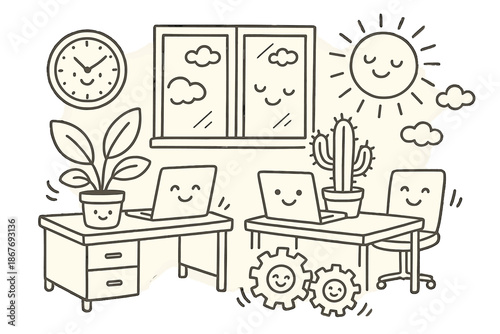 Whimsical Workplace Harmony. Whimsical doodle workplace harmony with happy plants on desks, smiling clocks, teamwork gears turning