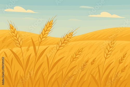 Golden Wheat Field. Scenic golden field of wheat swaying under a soft blue sky, serene and rustic tones, perfect for vector