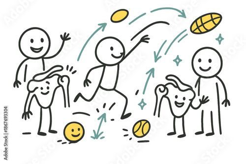 Cheerful Biomechanics Doodle. Whimsical doodle throwing biomechanics lab with smiling human figures, cartoon shoulder joints