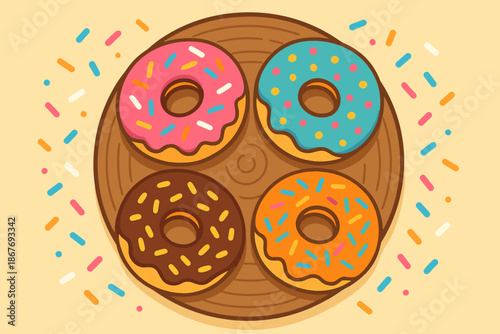 Colorful Donut Medley. Flat lay of colorful donuts sprinkled with vibrant toppings on a wooden plate, playful and cheerful,