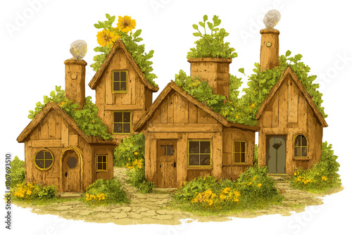 Tiny Home Community. Community of tiny homes built with reclaimed wood, smiling chimneys, and gardens sprouting from rooftops No