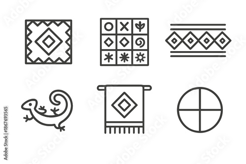 Cultural Pattern Icons. Line style icons of Cultural Patterns and Meanings: tribal motif tile, symbolic pattern grid, geometric