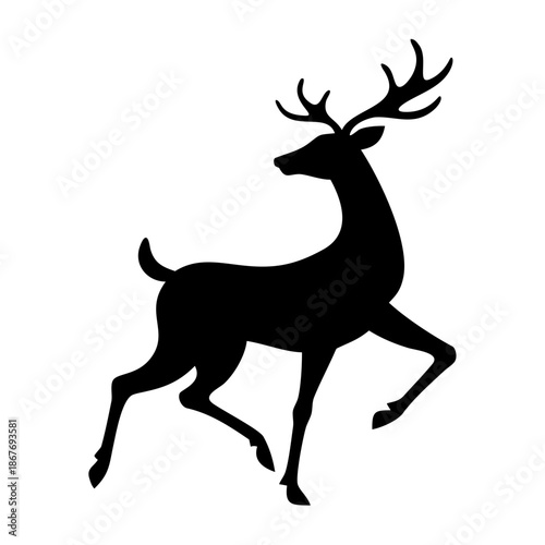 Elegant black silhouette of a majestic deer with antlers in a prancing pose