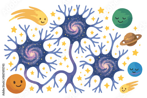 Cosmic Neuron Universe. Playful inner universe with galaxies as neurons, stars as memories, planets of emotions, and smiling