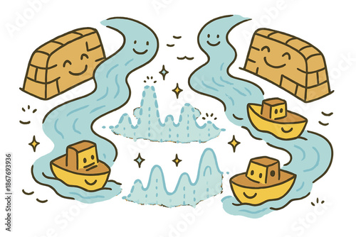 Cheerful Flood Monitoring. Friendly doodle flood monitoring illustration with happy rivers, cartoon levees smiling, cheerful boats