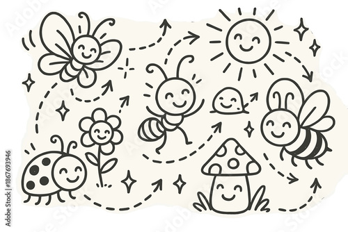 Dancing Insect Journey. Whimsical doodle insect navigation study with happy insects, cartoon antennae pointing to smiling
