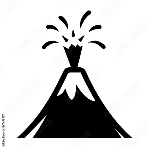 A striking black silhouette icon depicting a volcano in the midst of an active eruption