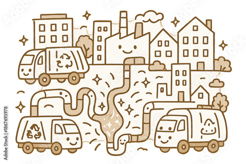 Cheerful Urban Energy Doodle. Playful doodle urban energy recovery scene with cheerful cityscape, smiling waste trucks, cartoon