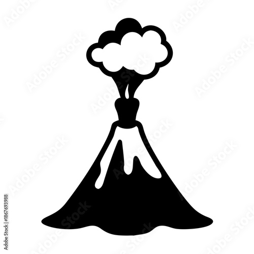 Simplified black and white icon illustrating an erupting volcano with smoke and flowing lava