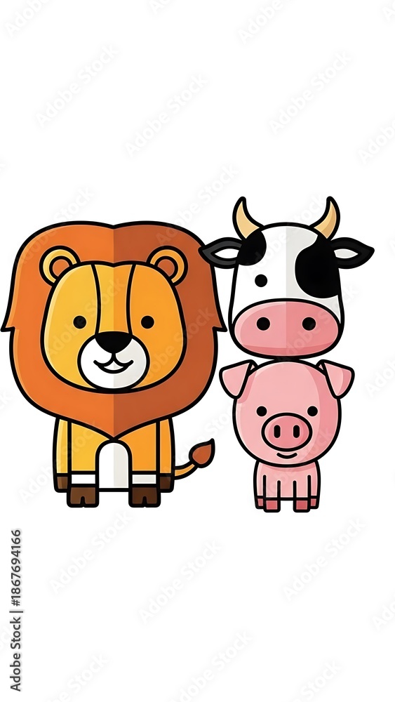 Fototapeta premium Cartoon animals standing together happily.