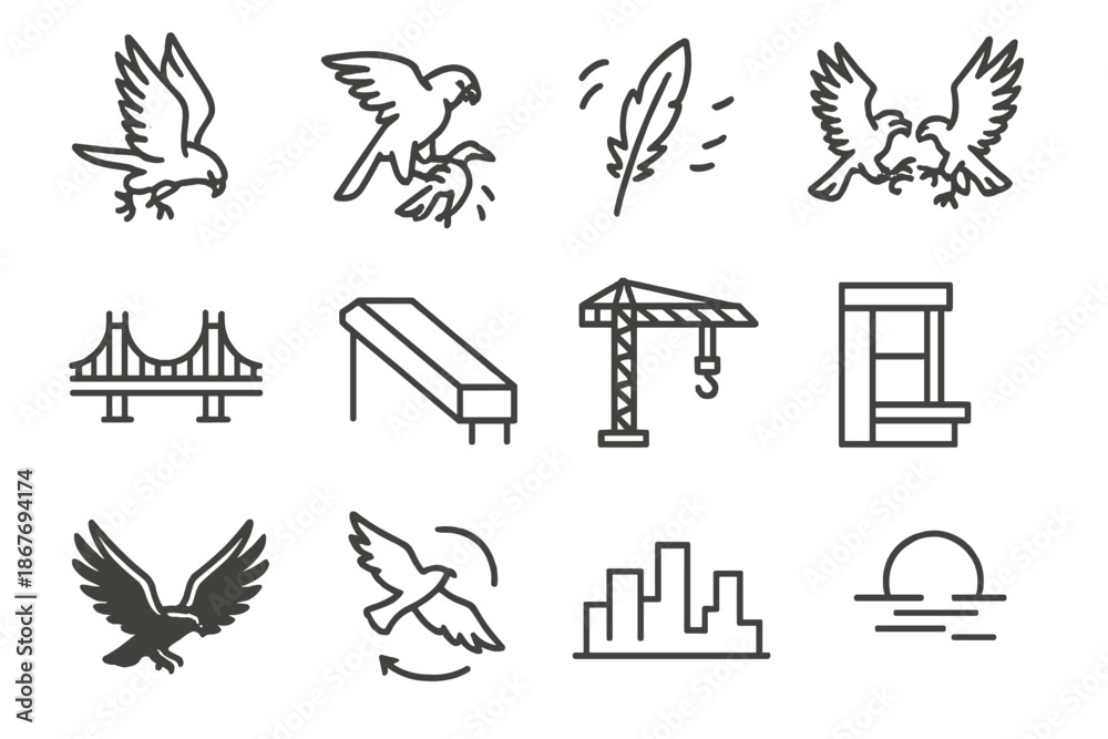 Fototapeta premium Skyline Hunting Icons. Line style icons of skyline hunting: falcon strike, prey in talons, feather scatter, mid-air clash; city