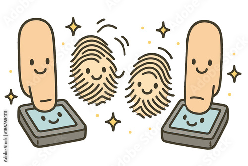 Playful Fingerprint Analysis. Cute doodle fingerprint analysis with happy fingers pressing on smiling scanners, cartoon ridge