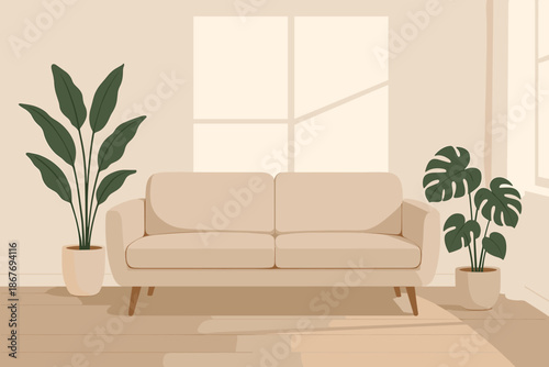 Minimalist Sofa Serenity. Elegant interior with a minimalist sofa vector illustration and potted plants illuminated by soft