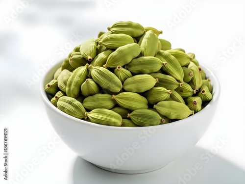 Wallpaper Mural Whole green cardamom pods arranged neatly in a white bowl, light green color and natural texture visible, isolated on a pure white background,  Torontodigital.ca
