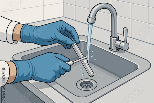 Blue-Gloved Lab Task. Hands vector illustration wearing blue gloves performing a lab task over a sink, clean and professional