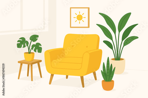 Yellow Chair Oasis. Minimalist white room with a bright yellow armchair and indoor plants, clean and cheerful vector illustration