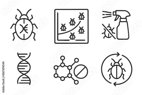 Pesticide Resistance Icons. Line style icons of Pesticide Resistance: mutation symbol on bug, resistant population graph, spray
