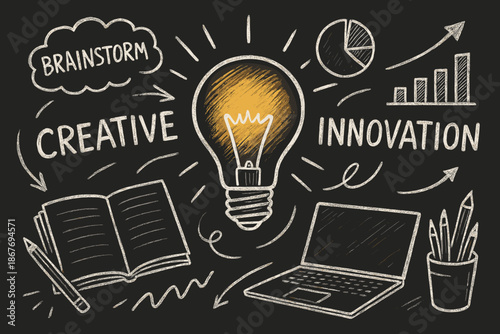 Inspiring Workspace Sketches. Creative workspace vector illustration with dynamic sketches and lightbulb graphics on a dark