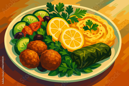 Mediterranean Culinary Delight. Vibrant plate of Mediterranean cuisine garnished with fresh herbs and lemon slices, illuminated by