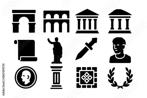 Ancient Rome Icons. Solid style icons of Ancient Rome: Arch, Aqueduct, Forum, Temple, Scroll, Statue, Dagger, Bust, Coin, Column,