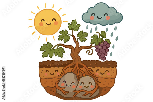 Joyful Vineyard Ecosystem. Terroir scene with cheerful soil layers, roots hugging rocks, and sun and rain smiling as they nurture